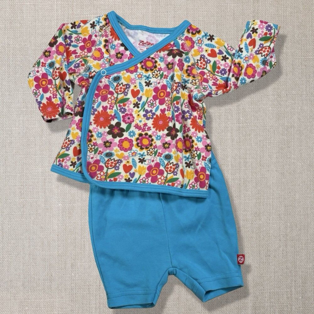 Zutano 2 Piece Baby Outfit Floral Wrap Top Blue Shorts Size 6M Kimono